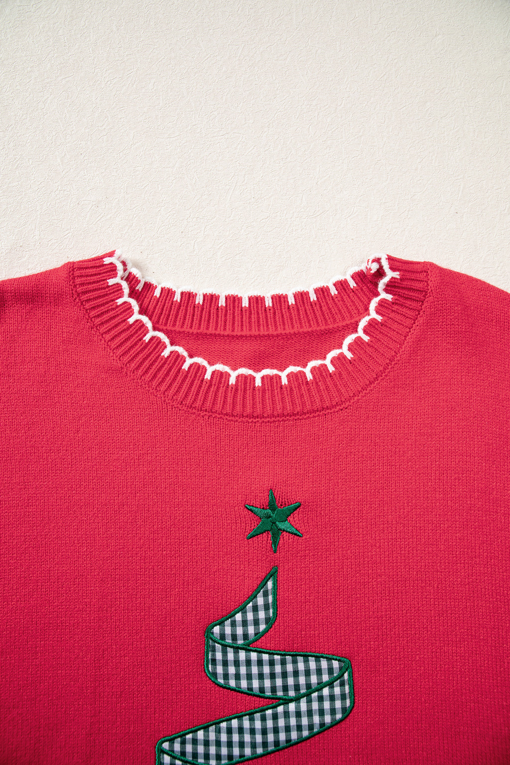 Racing Red Stitched Detail Christmas Tree Holiday Casual Sweater