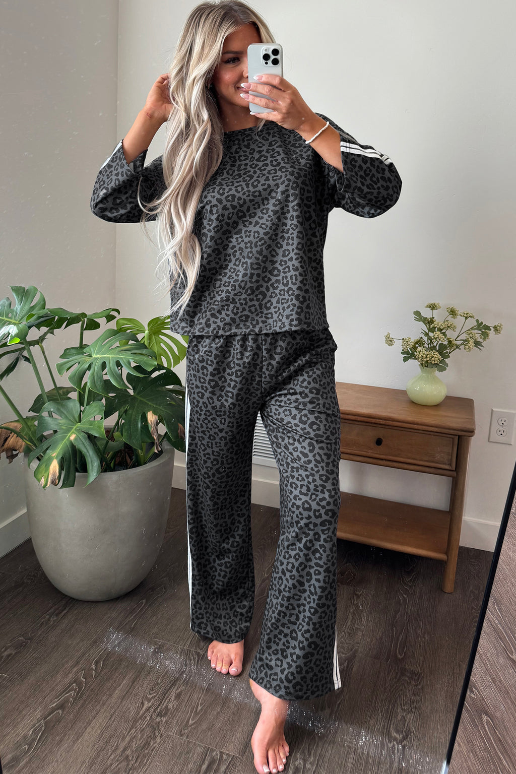 Pink Leopard Print Varsity Striped Detail 3/4 Sleeve Top Shift Pant Set