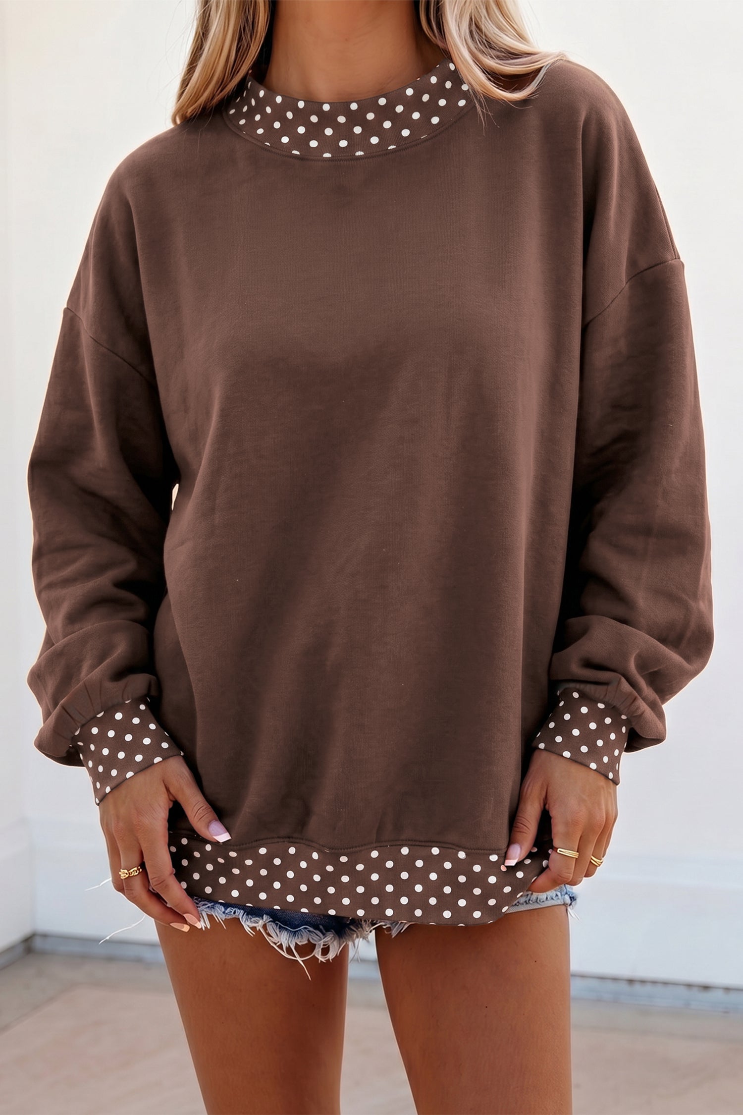 Orange Colorblock Polka Dot Contrast Trim Oversized Sweatshirt
