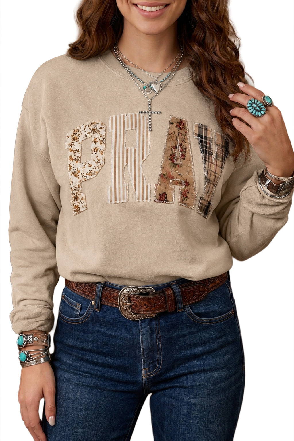 Coffee Floral Buffalo Plaid Striped Embroidered Patch Western Pullover Sweatshirt