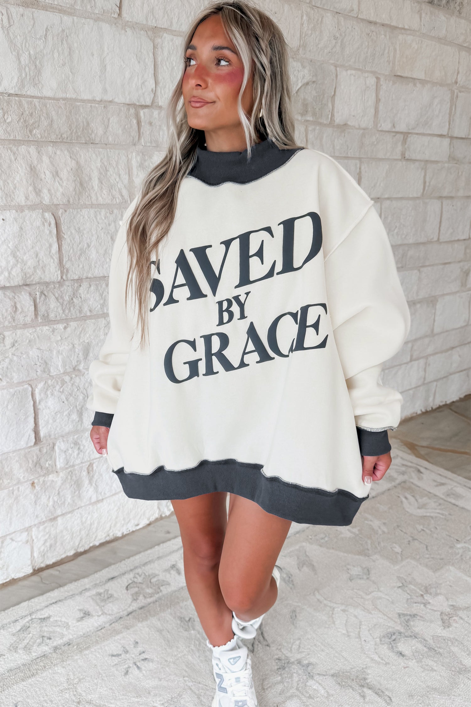 Coffee Saved By Grace Print Color Block Mock Neck Oversized Sweatshirt