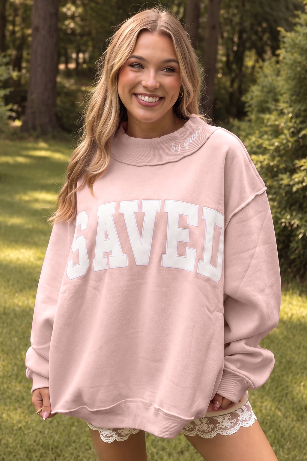 Gray Saved By Grace Embroidered Detail Letter Graphic High Neck Sweatshirt