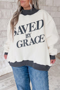 Beige SAVED BY GRACE Letter Print Color Block Mock Neck Plus Size Sweatshirt