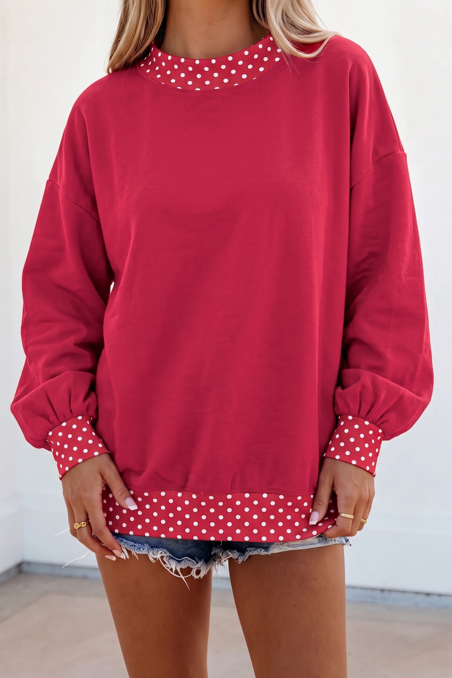 Orange Colorblock Polka Dot Contrast Trim Oversized Sweatshirt