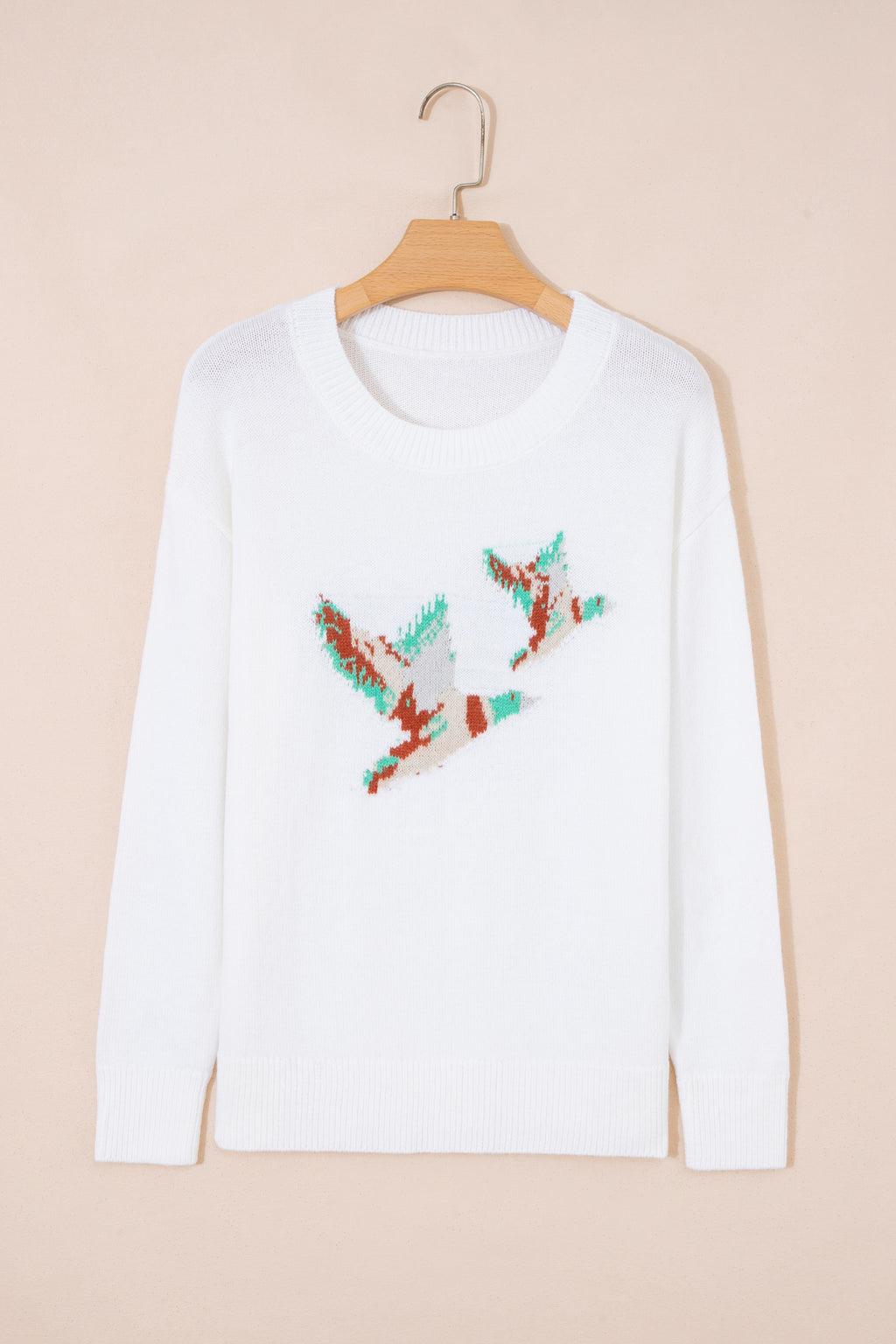 White Wild Mallard Drop Shoulder Round Neck Long Sleeve Pullover Sweater