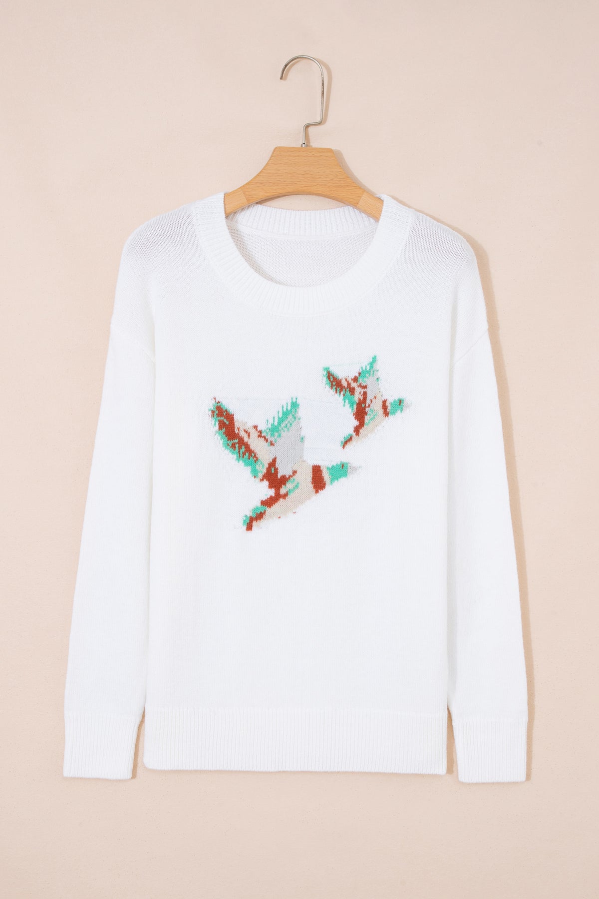 White Wild Mallard Drop Shoulder Round Neck Long Sleeve Pullover Sweater