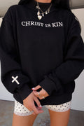 Black CHRIST IS KING Embroidery High Neck Baggy Sweatshirt