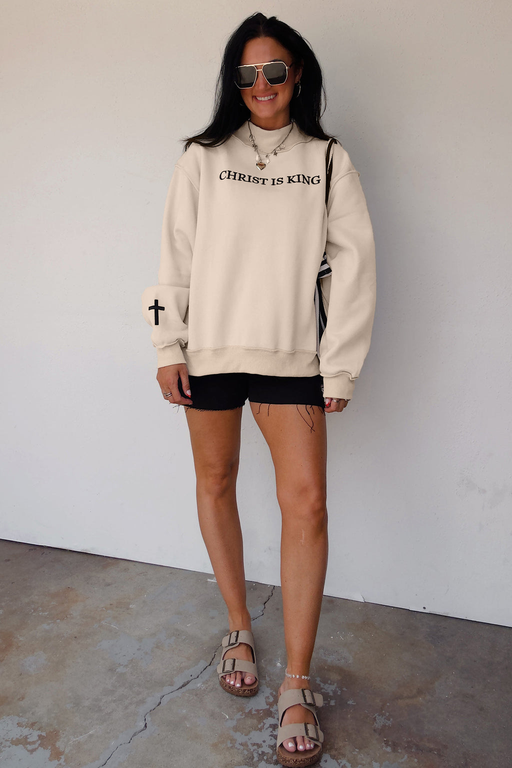Black CHRIST IS KING Embroidery High Neck Baggy Sweatshirt