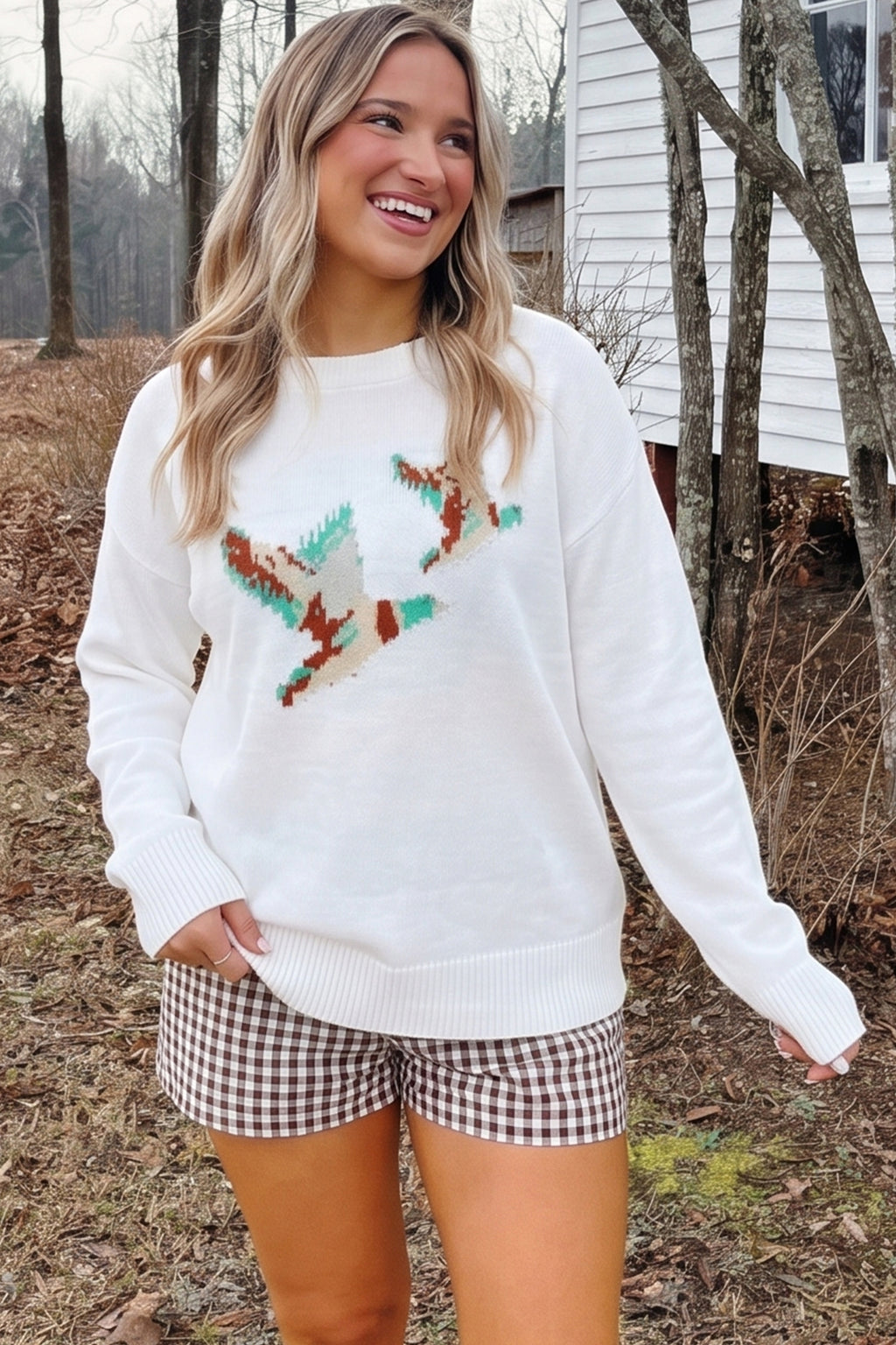 White Wild Mallard Drop Shoulder Round Neck Long Sleeve Pullover Sweater