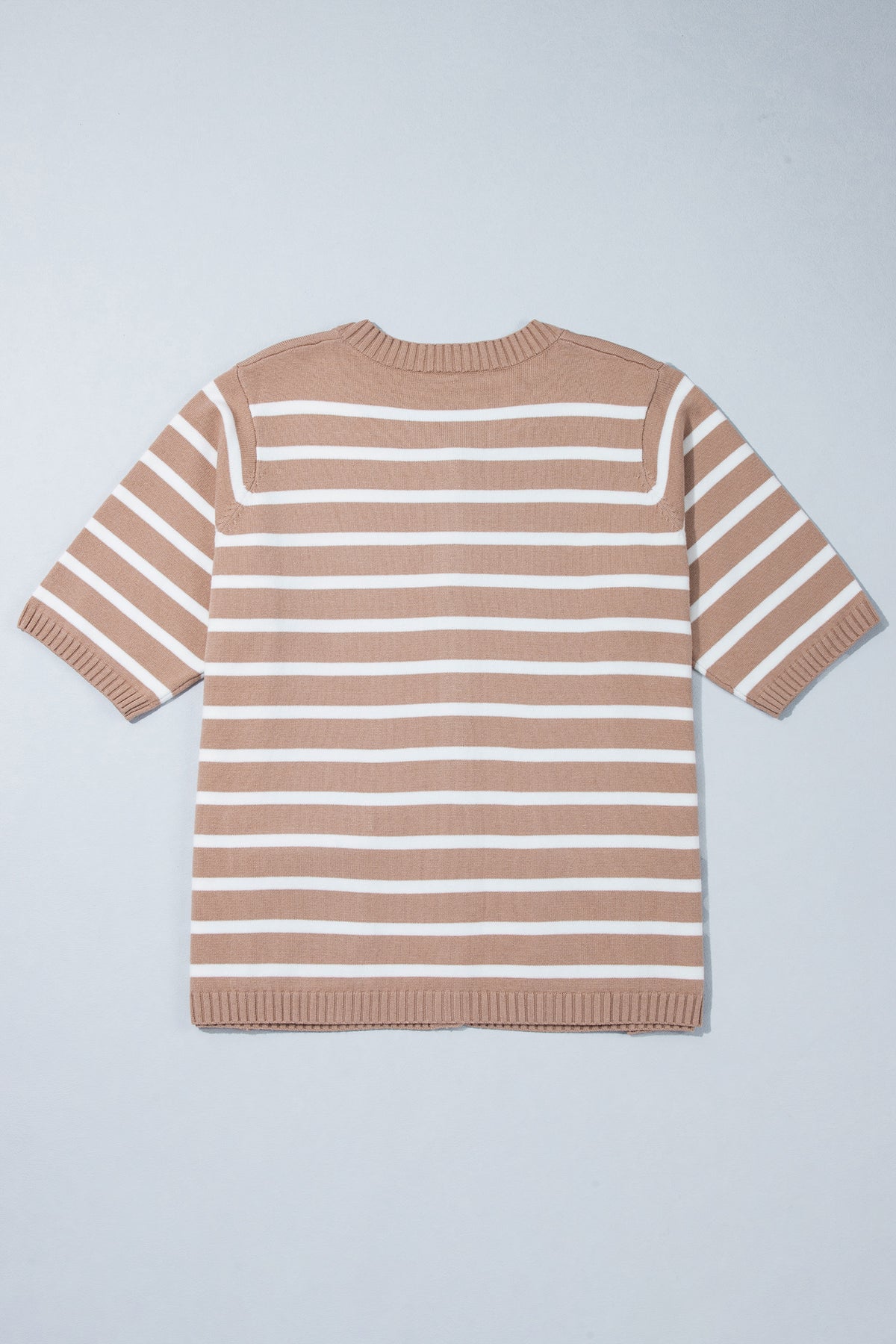 Khaki Stripe Button Down Short Sleeve Knit Plus Size Cardigan