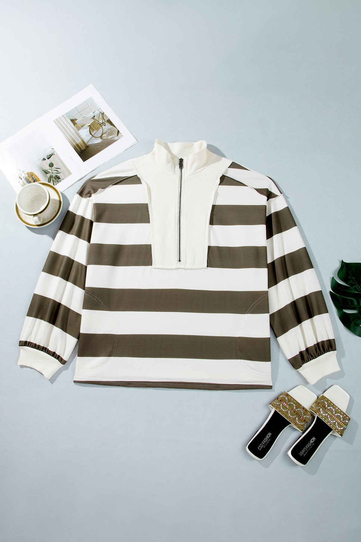 Green Stripe Plus Size Half Zipped Casual Sweatshirt