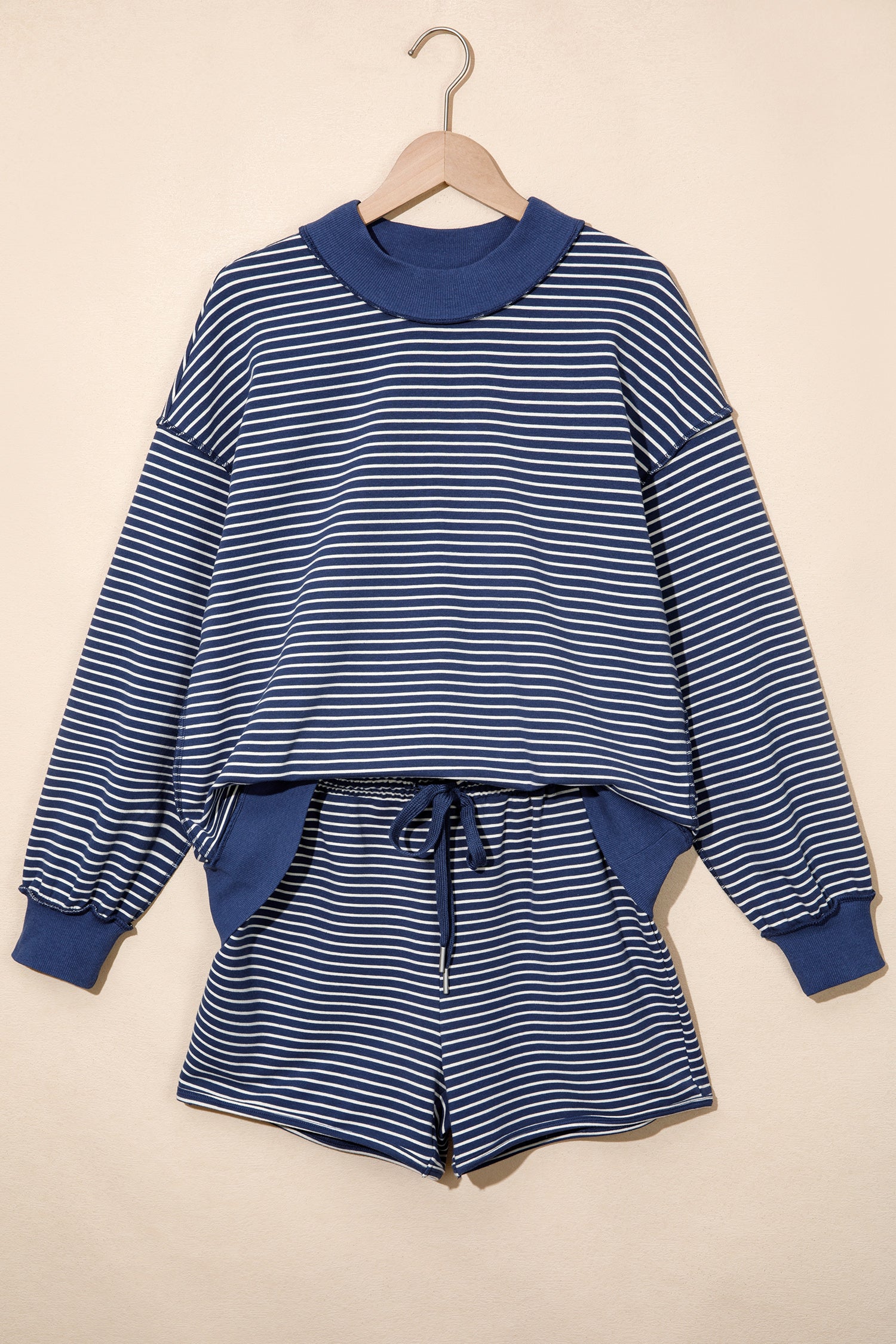 Pink Stripe Ribbed Patchwork Mock Neck Baggy Pullover Matching Shorts Set