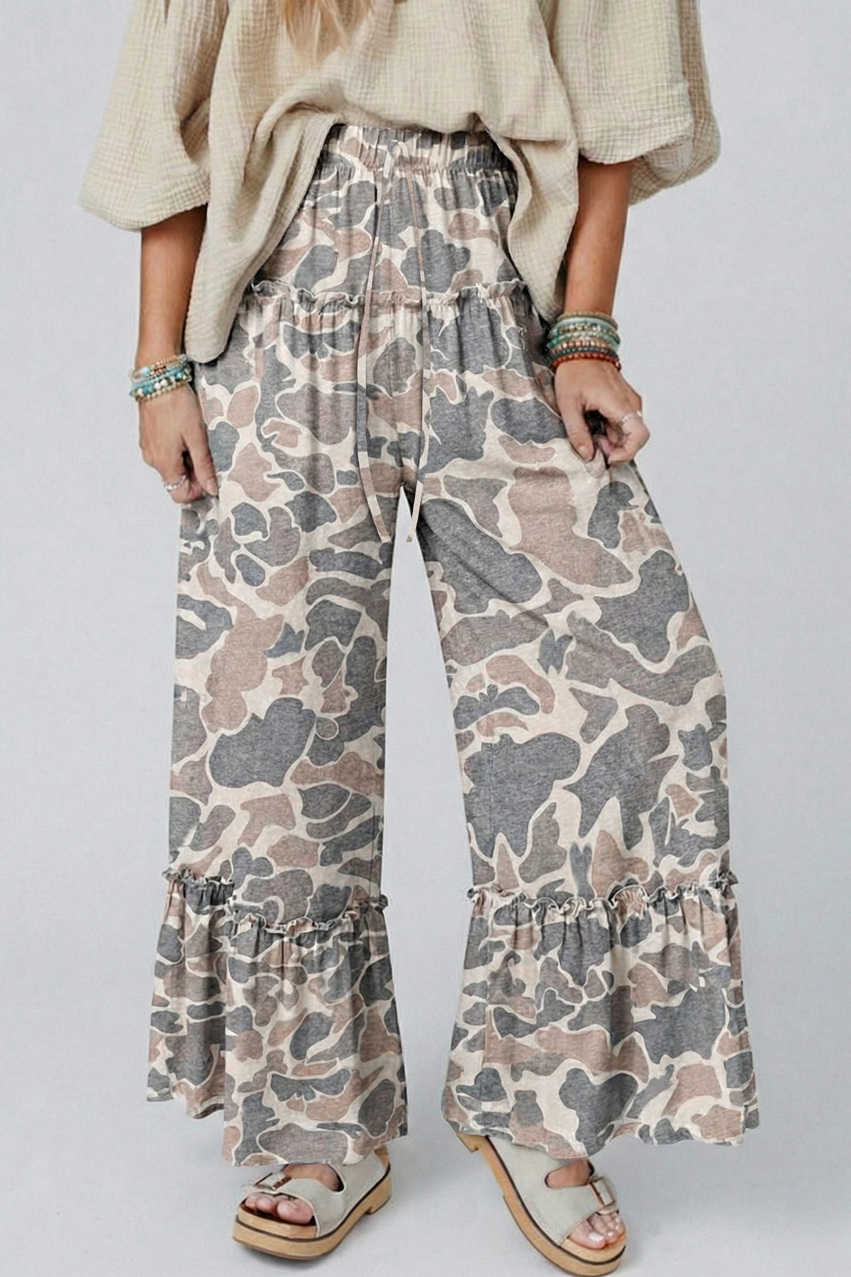 Multicolour Camo Print Wide Leg Casual Pants