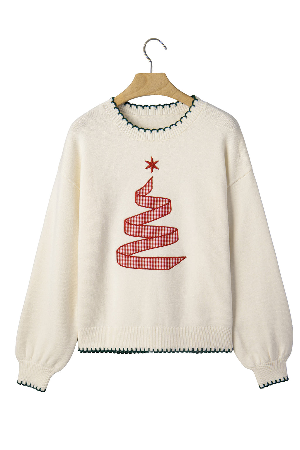 Racing Red Stitched Detail Christmas Tree Holiday Casual Sweater