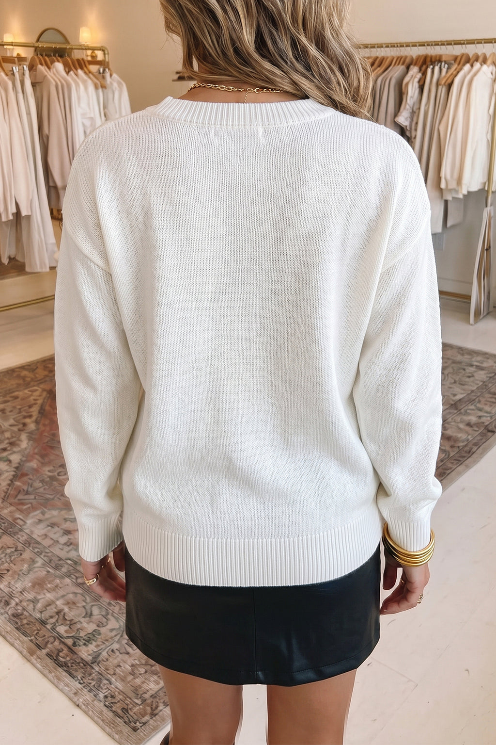 White Wild Mallard Drop Shoulder Round Neck Long Sleeve Pullover Sweater