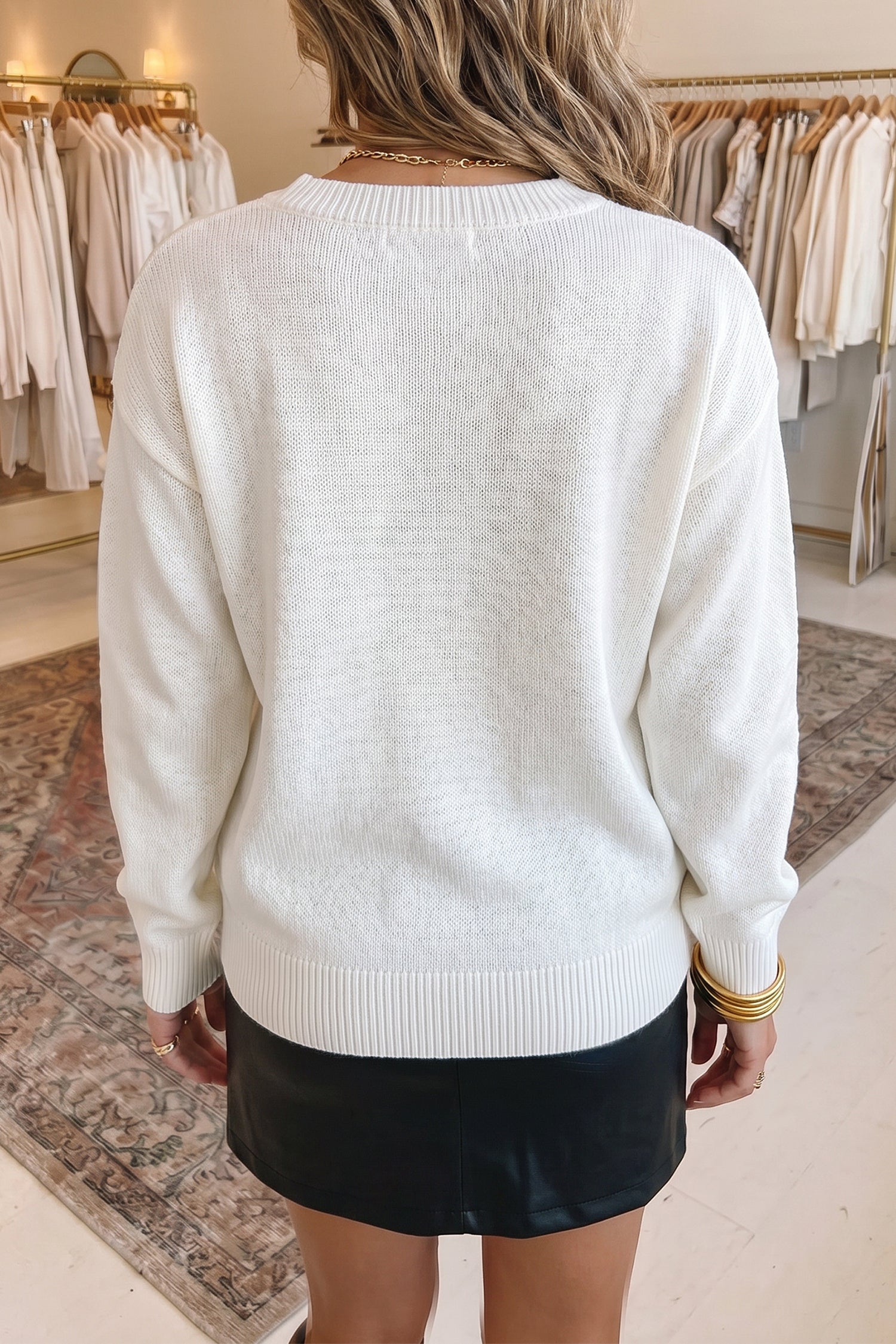 White Wild Mallard Drop Shoulder Round Neck Long Sleeve Pullover Sweater