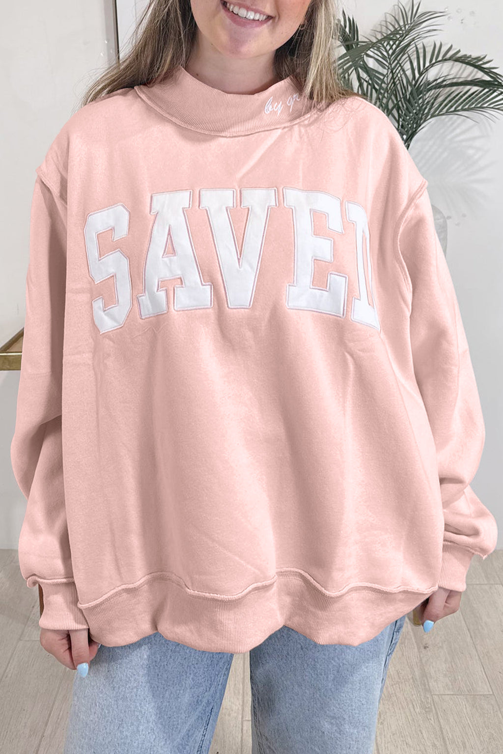 Gray Saved By Grace Embroidered Detail Letter Graphic High Neck Sweatshirt