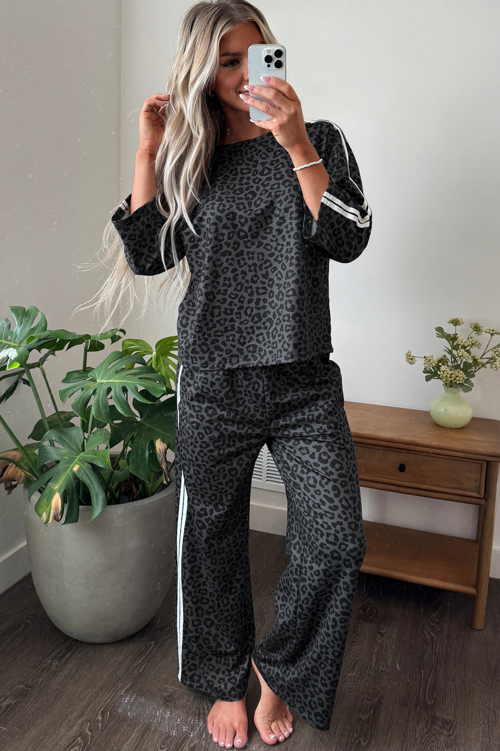 Pink Leopard Print Varsity Striped Detail 3/4 Sleeve Top Shift Pant Set