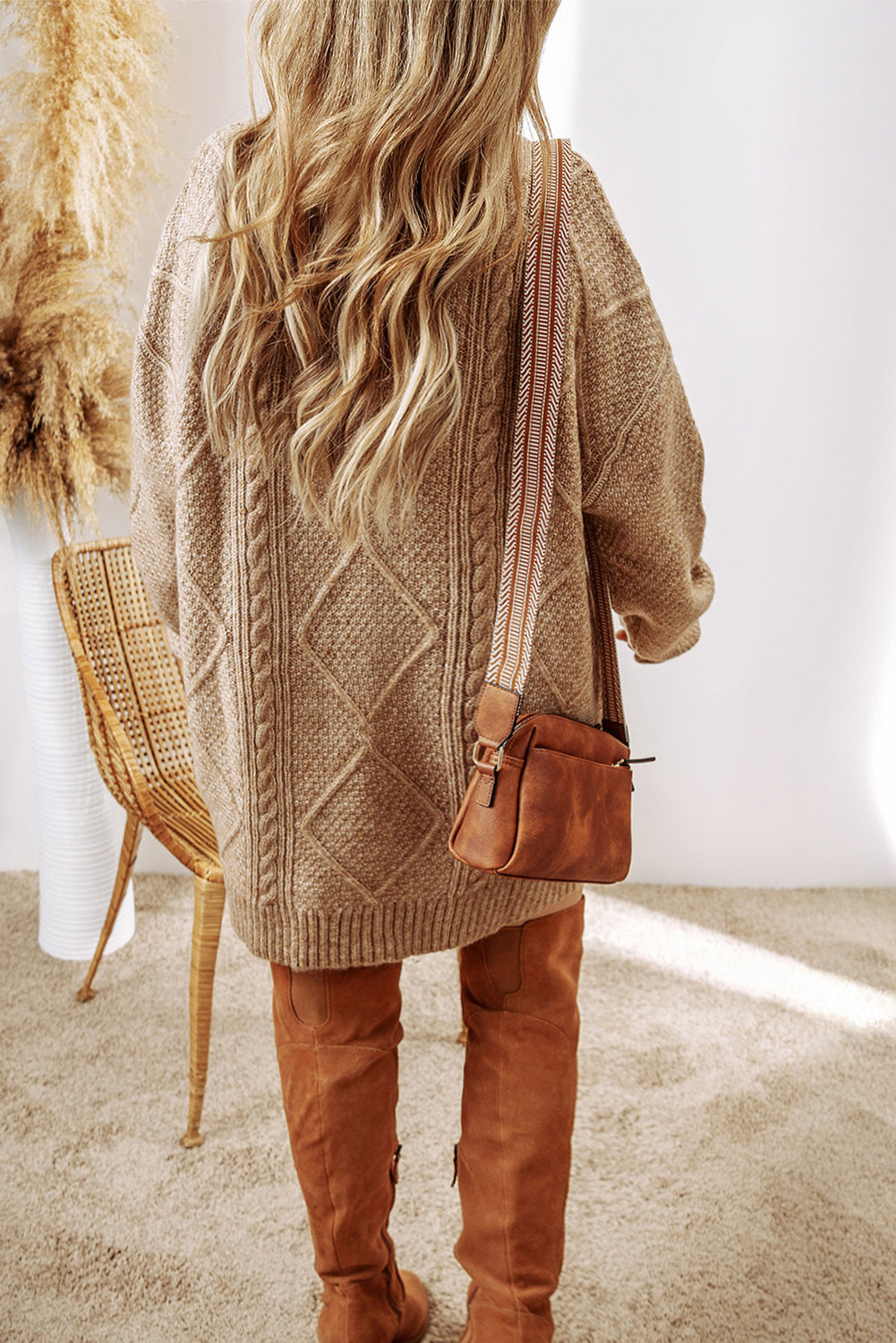 Coffee Cable Knit Drop Shoulder Loose Fit Sweater Dress