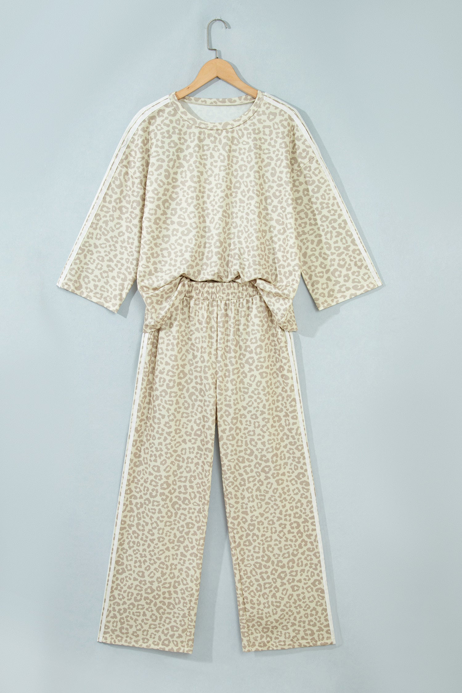 Pink Leopard Print Varsity Striped Detail 3/4 Sleeve Top Shift Pant Set
