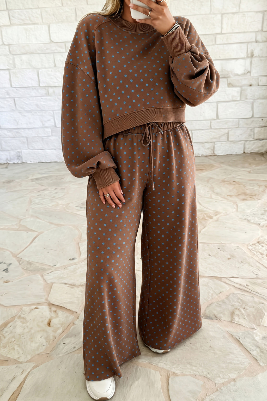Brown Polka Dot Round Neck Long Sleeve Plus Size Set