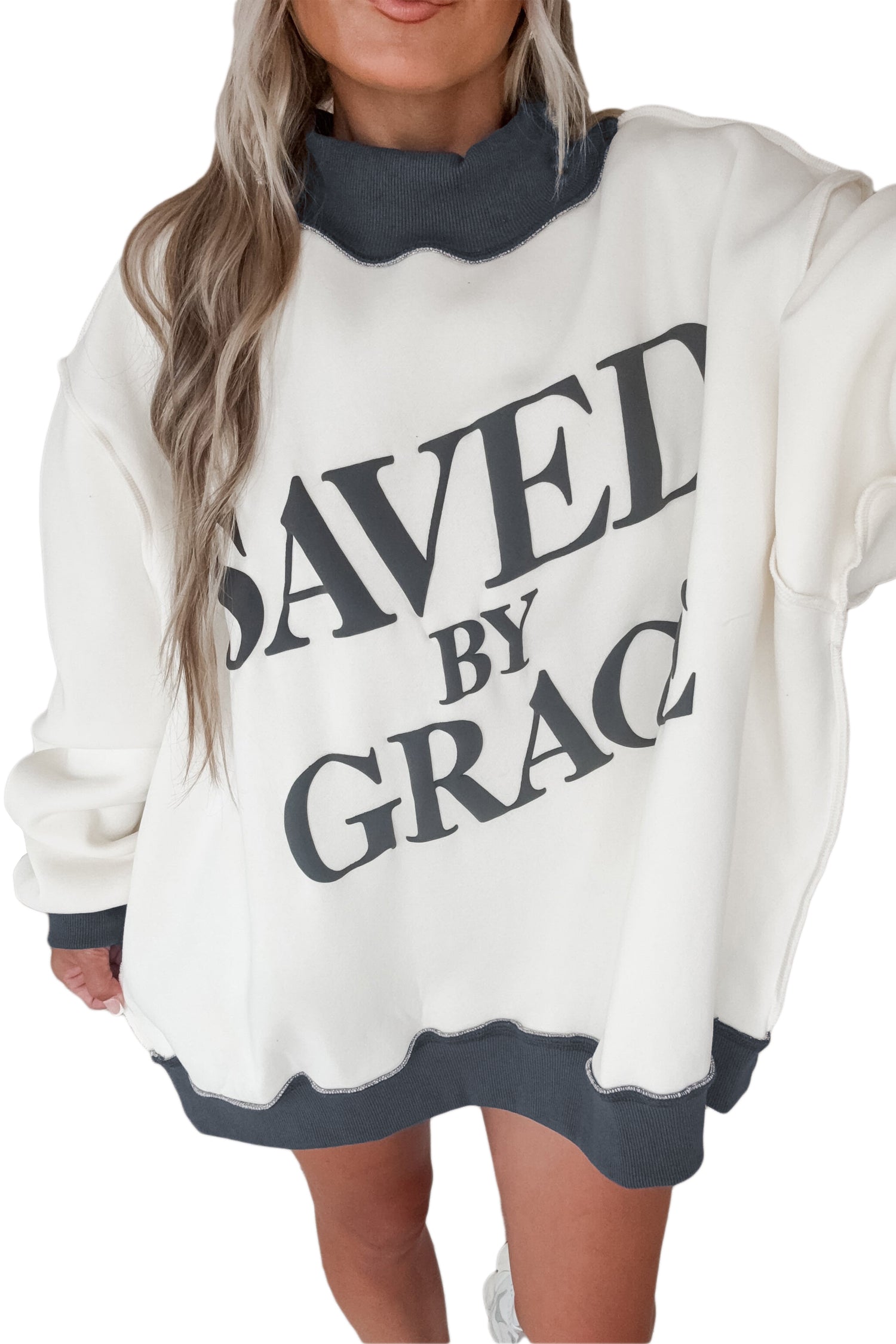 Coffee Saved By Grace Print Color Block Mock Neck Oversized Sweatshirt