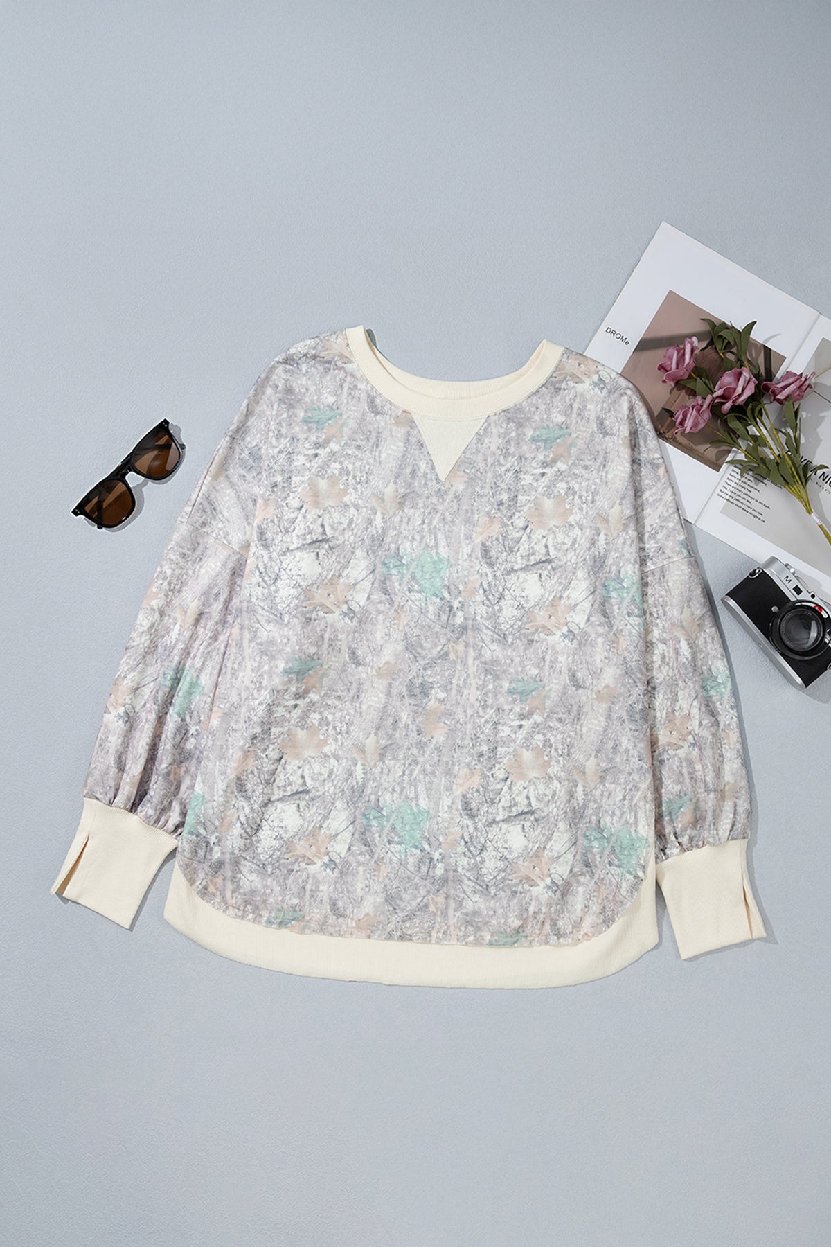 Khaki Camouflage Print Round Neck Long Sleeve Shift Plus Size Sweatshirt
