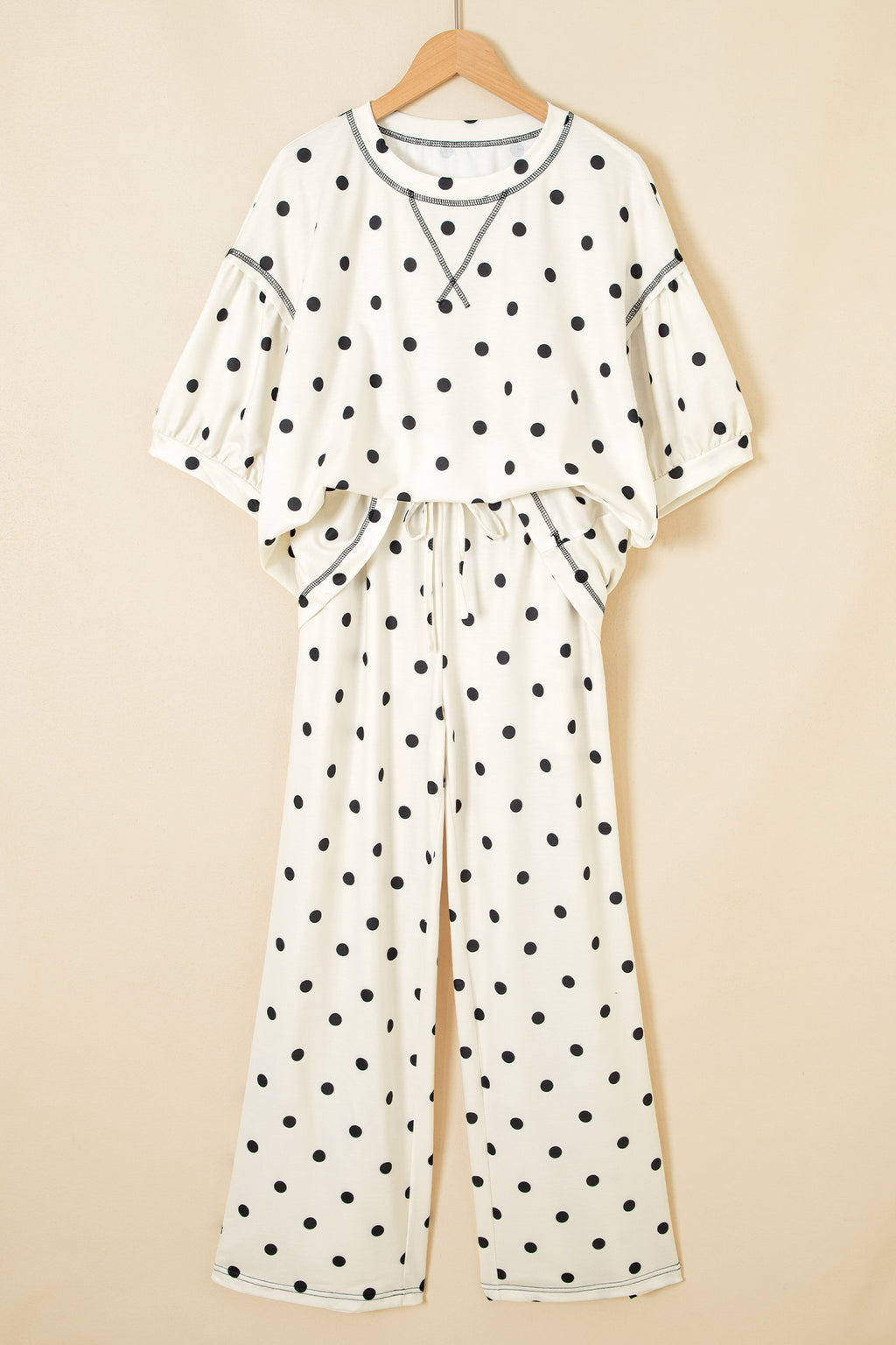 Beige Polka Dot Half Sleeve Loose Top Elastic Waist Casual Pants Set