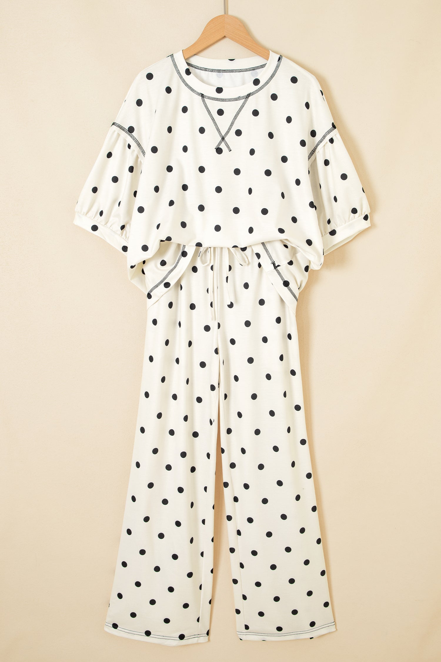 Beige Polka Dot Half Sleeve Loose Top Elastic Waist Casual Pants Set