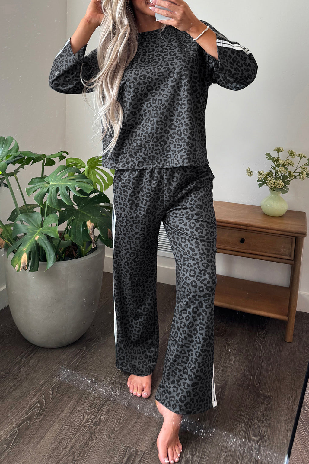 Pink Leopard Print Varsity Striped Detail 3/4 Sleeve Top Shift Pant Set