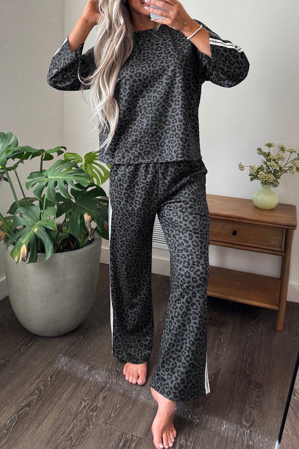 Pink Leopard Print Varsity Striped Detail 3/4 Sleeve Top Shift Pant Set