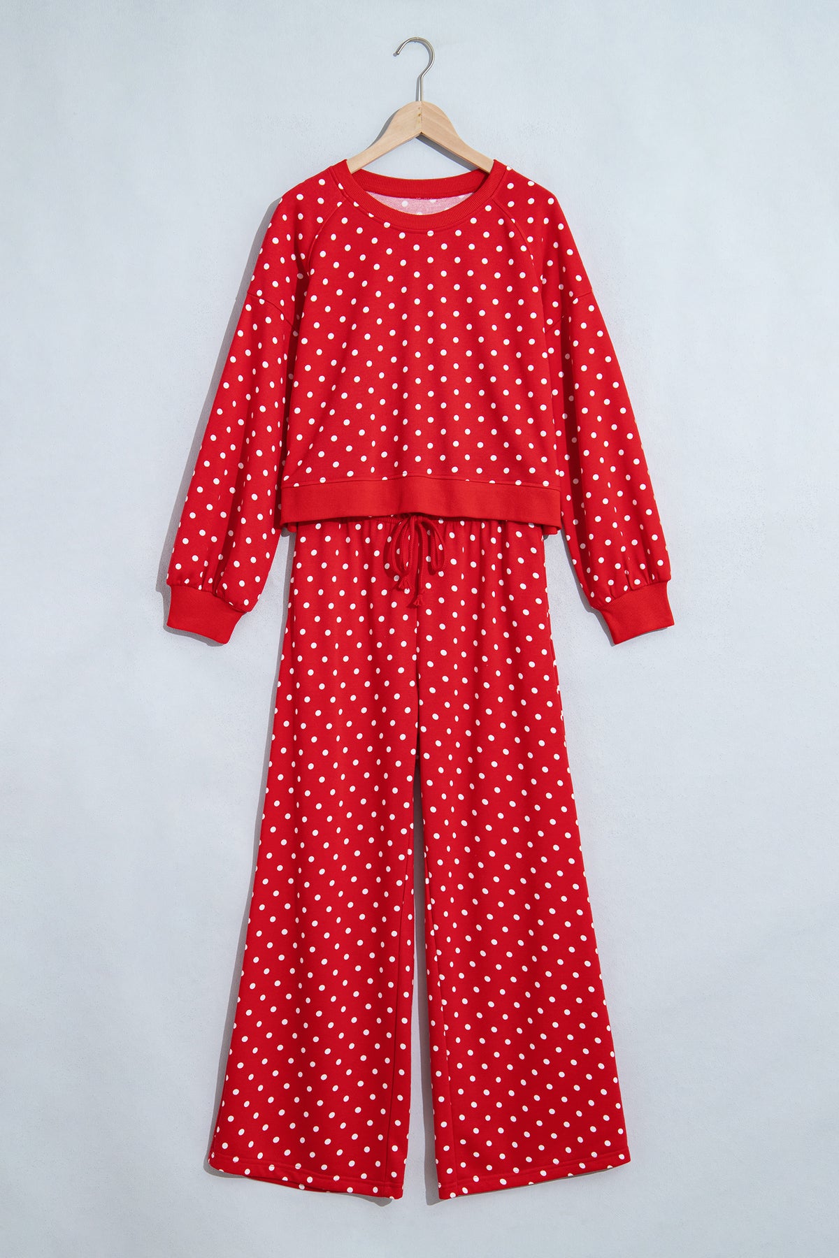 Blue Polka Dot Drawstring Wide Leg Long Sleeve Top Pant Set