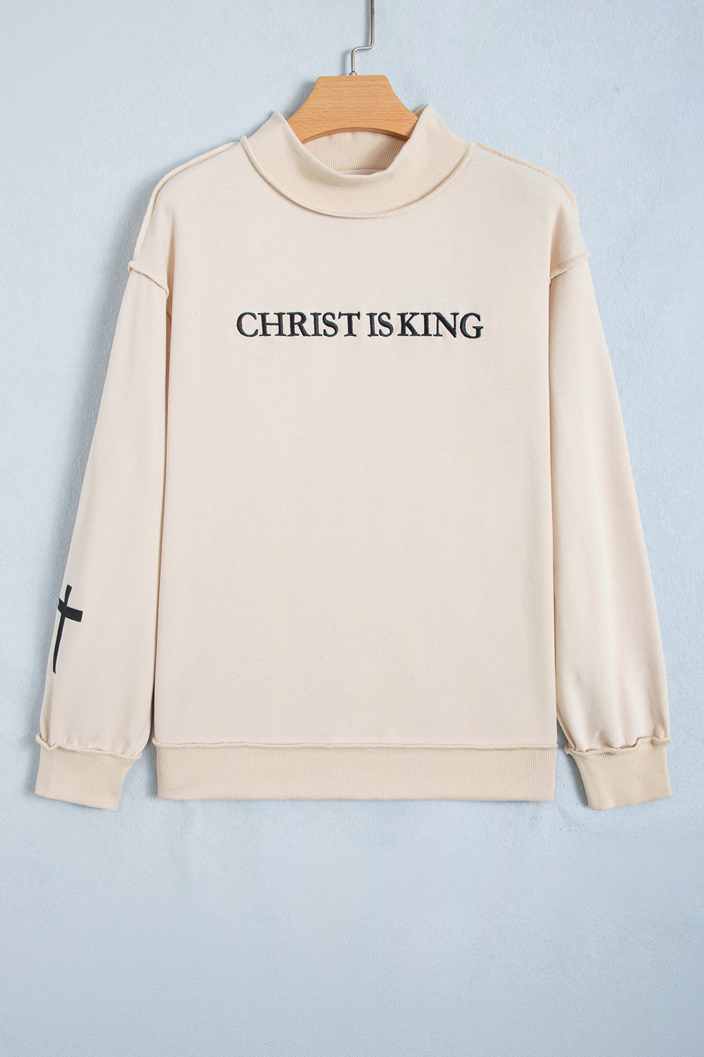 Black CHRIST IS KING Embroidery High Neck Baggy Sweatshirt