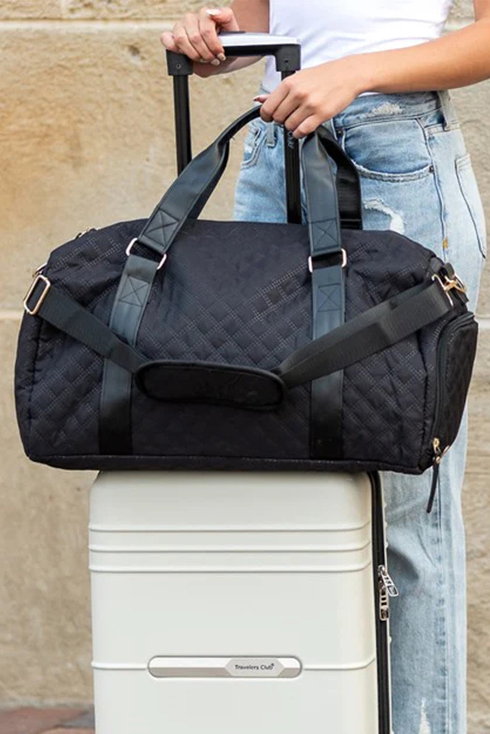 Black Rhombus Textured Waterproof Travel Duffel Bag