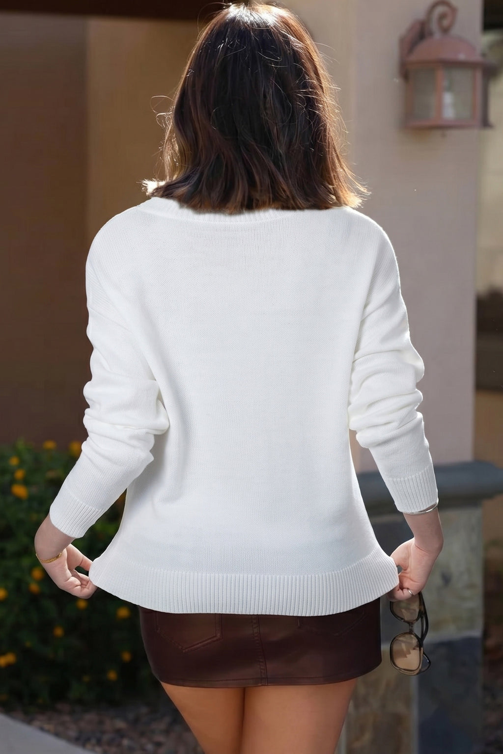 White Wild Mallard Drop Shoulder Round Neck Long Sleeve Pullover Sweater