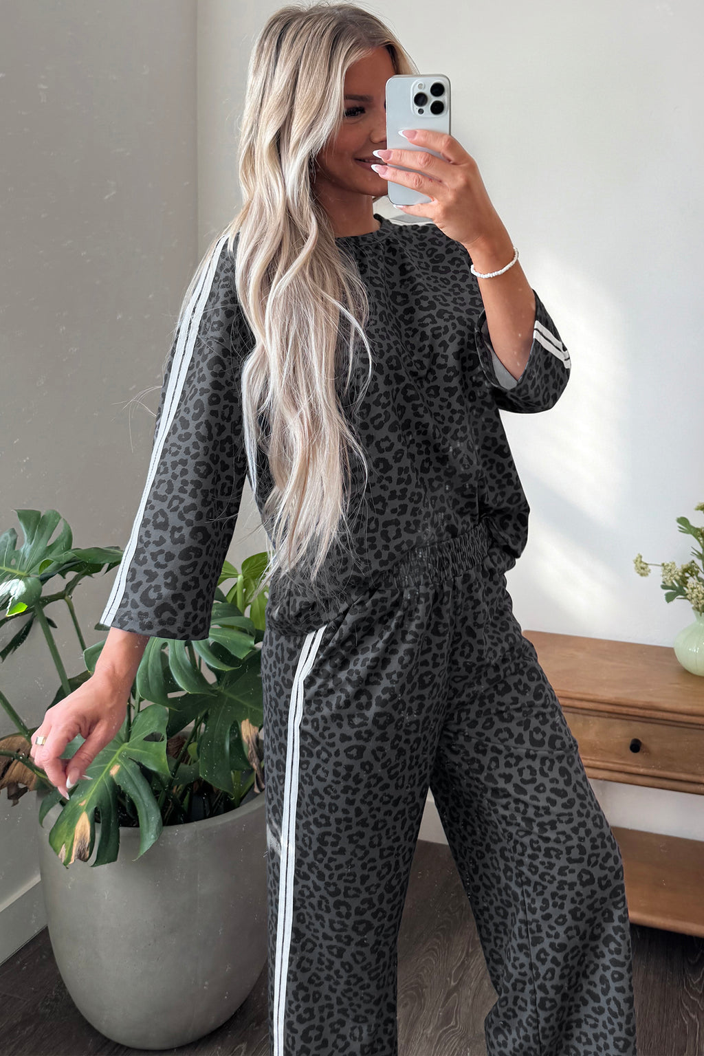 Pink Leopard Print Varsity Striped Detail 3/4 Sleeve Top Shift Pant Set