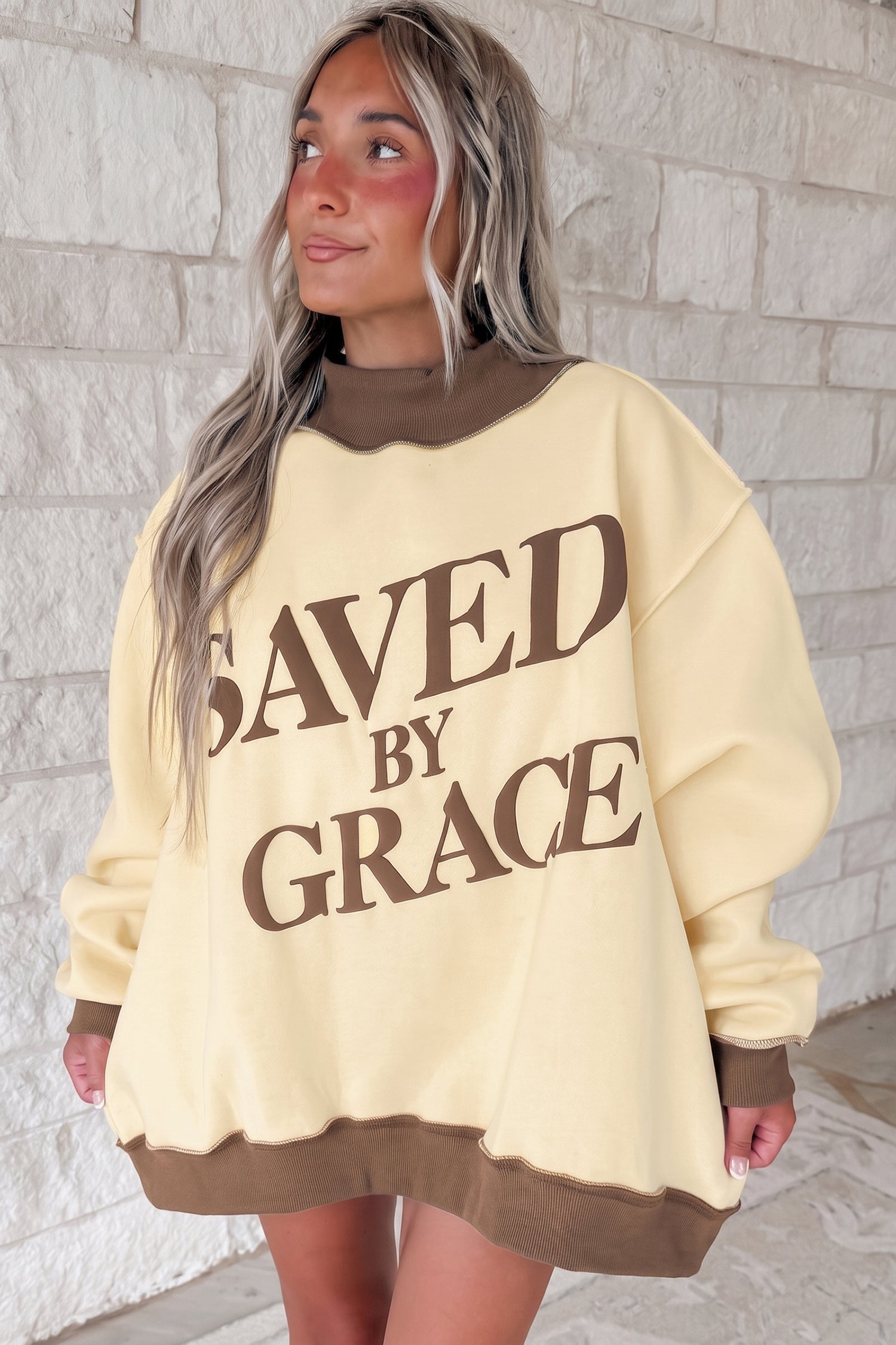 Coffee Saved By Grace Print Color Block Mock Neck Oversized Sweatshirt