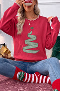 Racing Red Stitched Detail Christmas Tree Holiday Casual Sweater