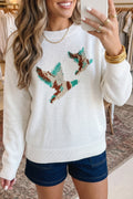 White Wild Mallard Drop Shoulder Round Neck Long Sleeve Pullover Sweater