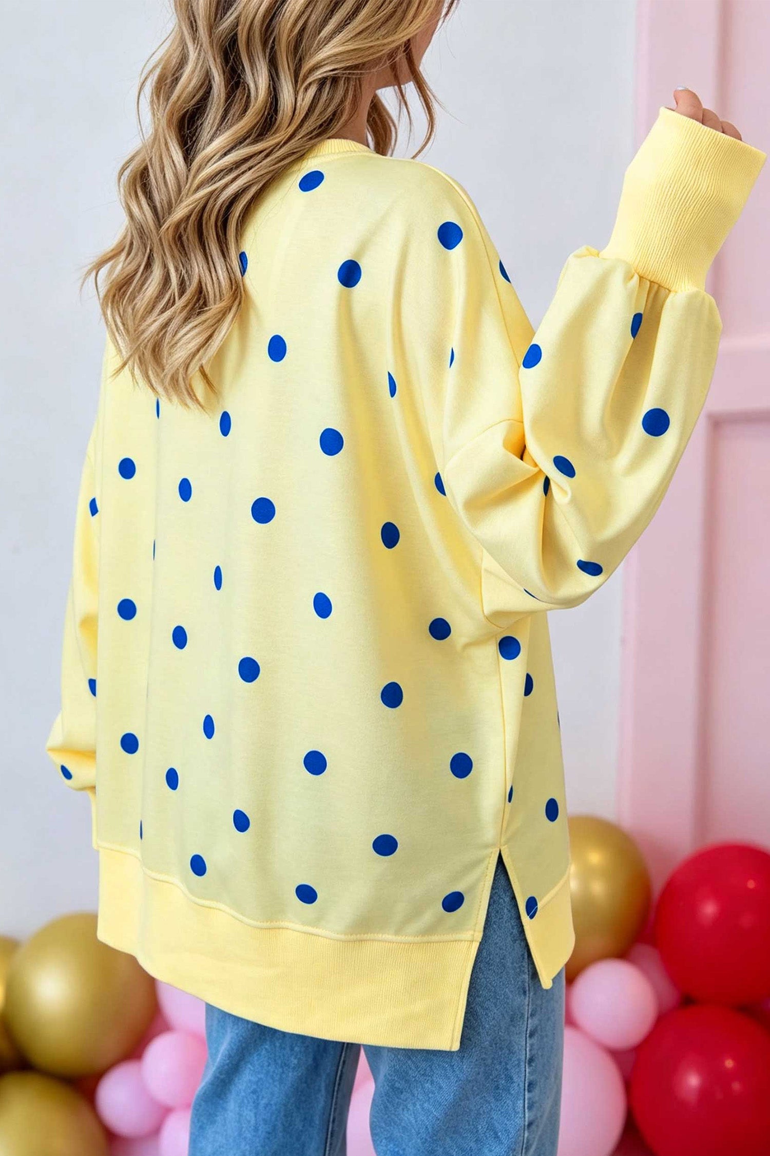 Beige Polka Dot Loose Long Sleeve Split Hem Pullover Top