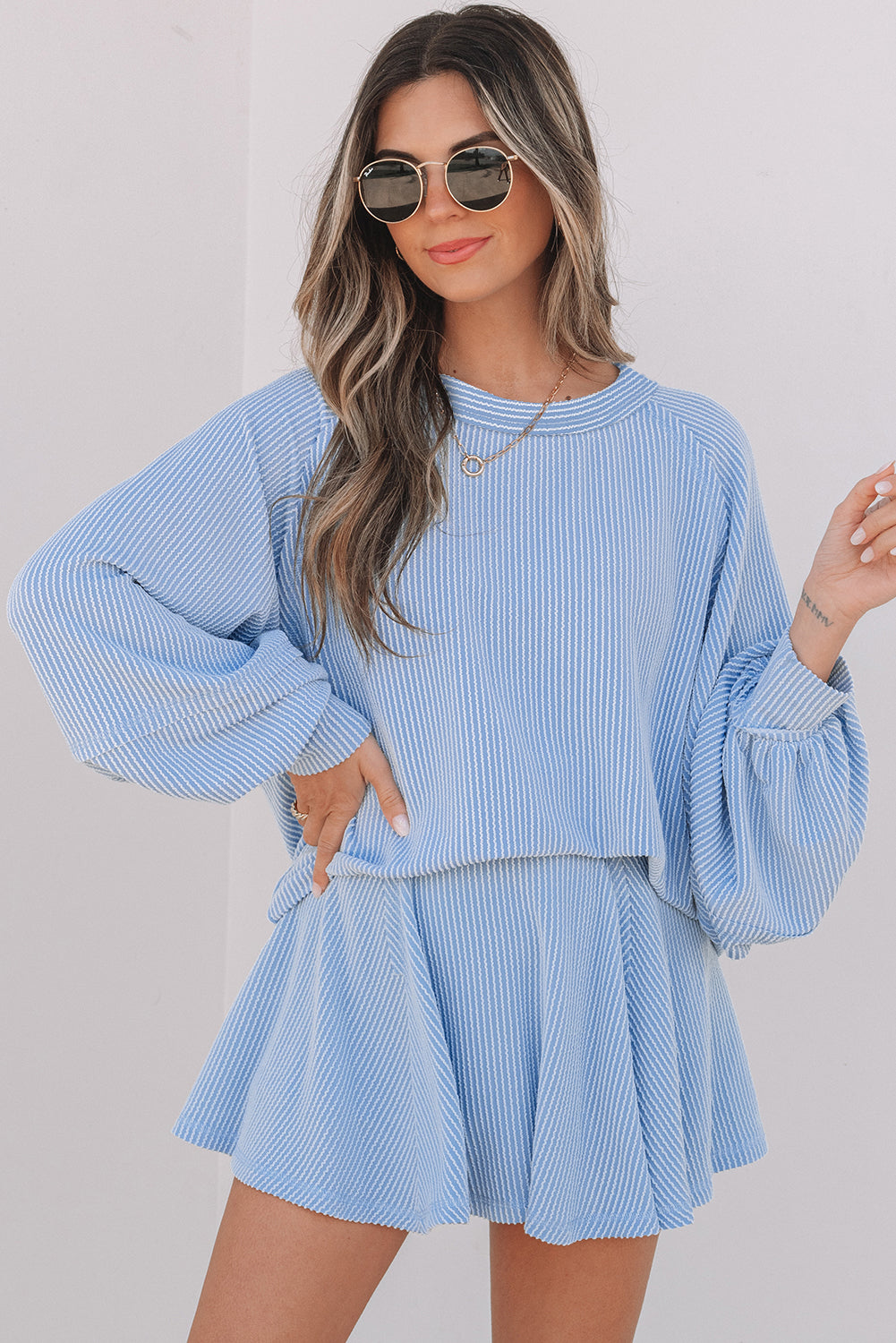 Jet Stream Corded Lantern Sleeve Top High Waist Ruffled Mini Skort Set