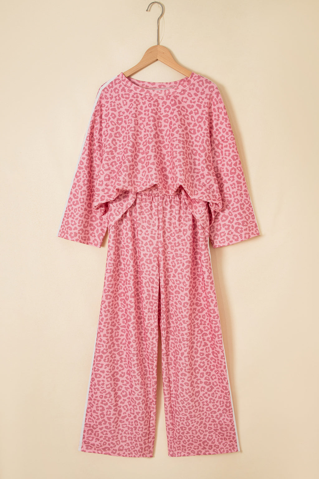 Pink Leopard Print Varsity Striped Detail 3/4 Sleeve Top Shift Pant Set