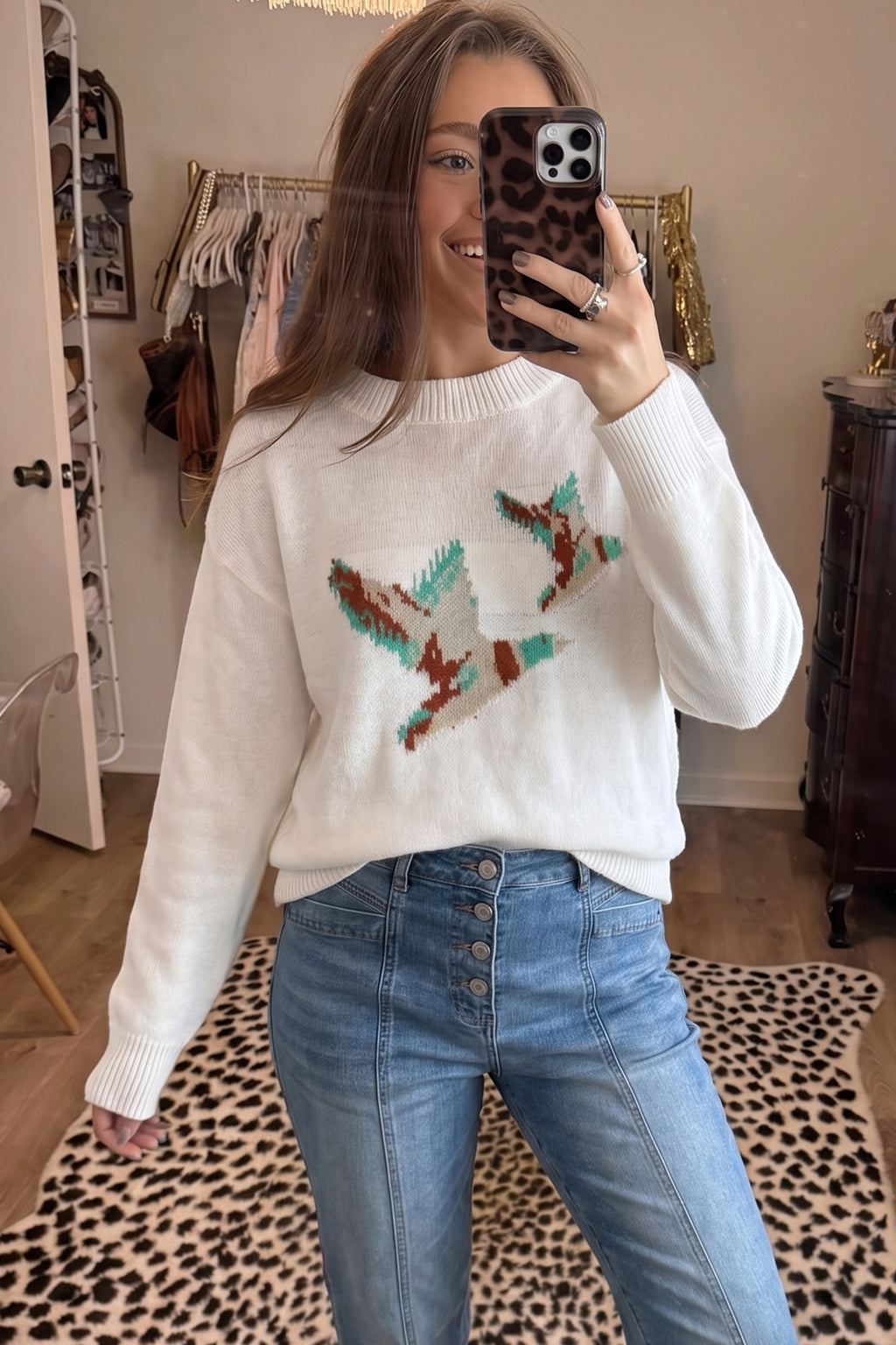 White Wild Mallard Drop Shoulder Round Neck Long Sleeve Pullover Sweater